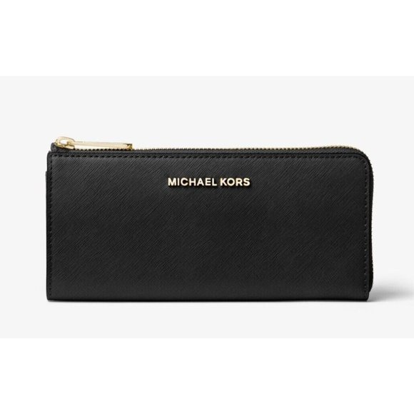 New Michael Kors Jet Set Travel Large Saffiano Leather Quarter-Zip Wallet Black - Picture 1 of 2